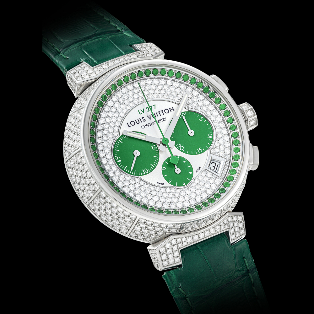 Bonhams : Louis Vuitton. An 18K white gold, diamond and emerald set  automatic calendar chronograph wristwatch Tambour Forever, Ref Q11470,  No.3, Purchased 8th August 2010