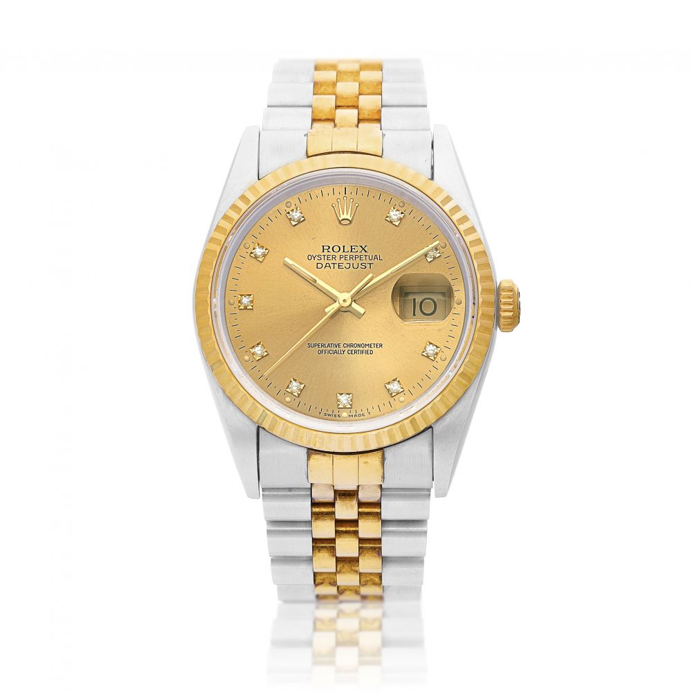 ROLEX, DATEJUST REF 16238, A YELLOW GOLD AND DIAMOND SET AUTOMATIC CENTER  SECONDS WRISTWATCH WITH DATE AND BRACELET CIRCA 1990, Watches Online, Watches